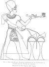 FIG. 1.THE CONVENTIONAL EGYPTIAN REPRESENTATION OF THE BURNING OF INCENSE AND THE POURING OF LIBATIONS (Period of the New Empire)after Lepsius