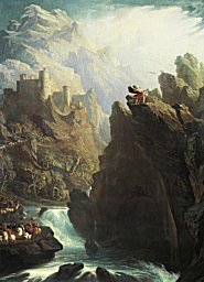 The Bard, by John Martin [1817], public domain image. Image from artmagick.com. A lone bard curses a departing army in a romantic setting.
